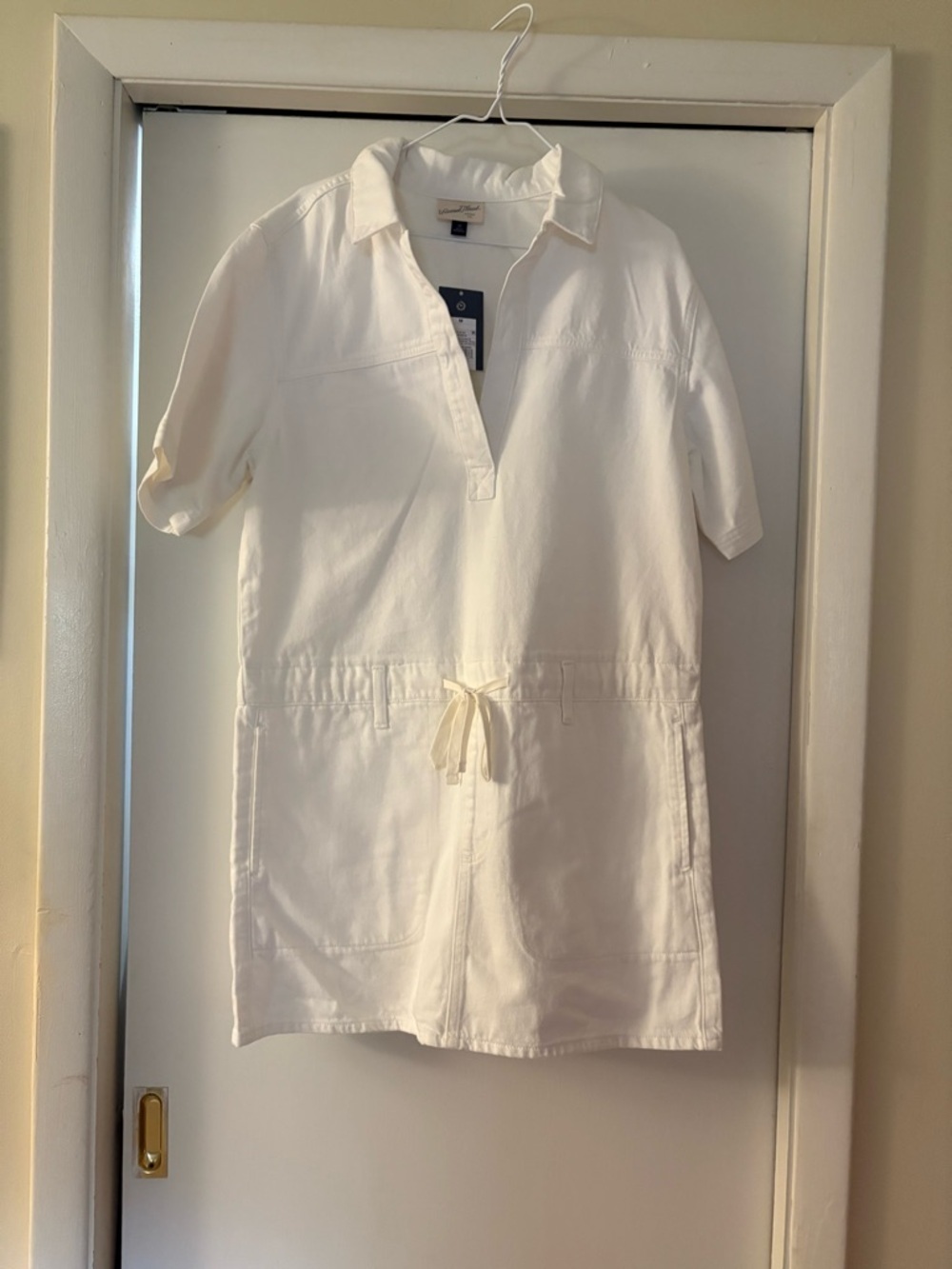 NWT- medium universal threads white denim Y2K drawstring waist mini dress - Picture 2 of 10
